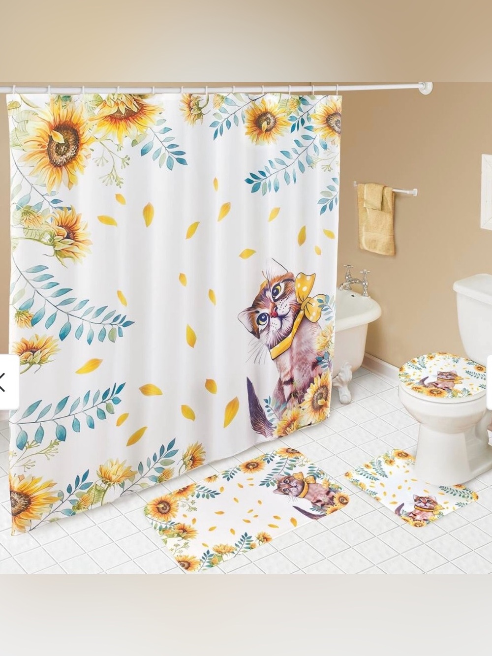 ADORABLE FUN 16pc Cat & Sunflower Bathroom Set